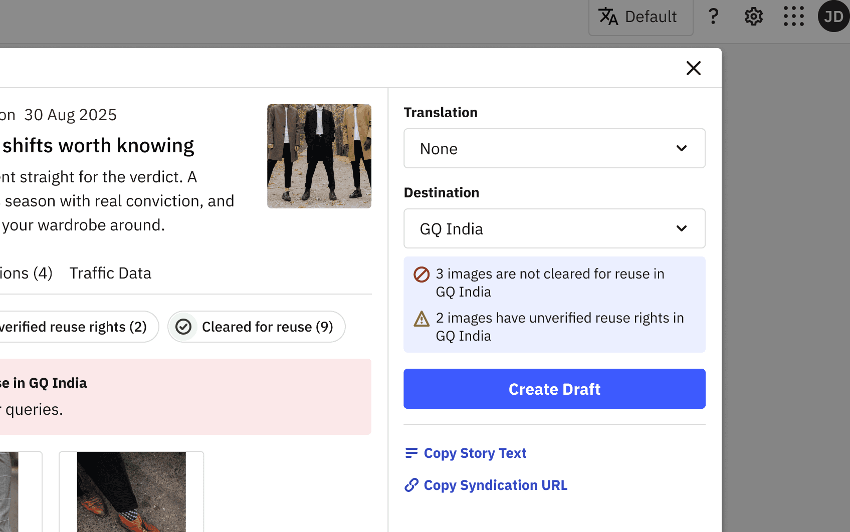 Action panel noting that 3 images are not cleared and 2 have unverified reuse rights in the selected regional edition, above an enabled Create Draft button and Copy Story Text and Copy Syndication URL links
