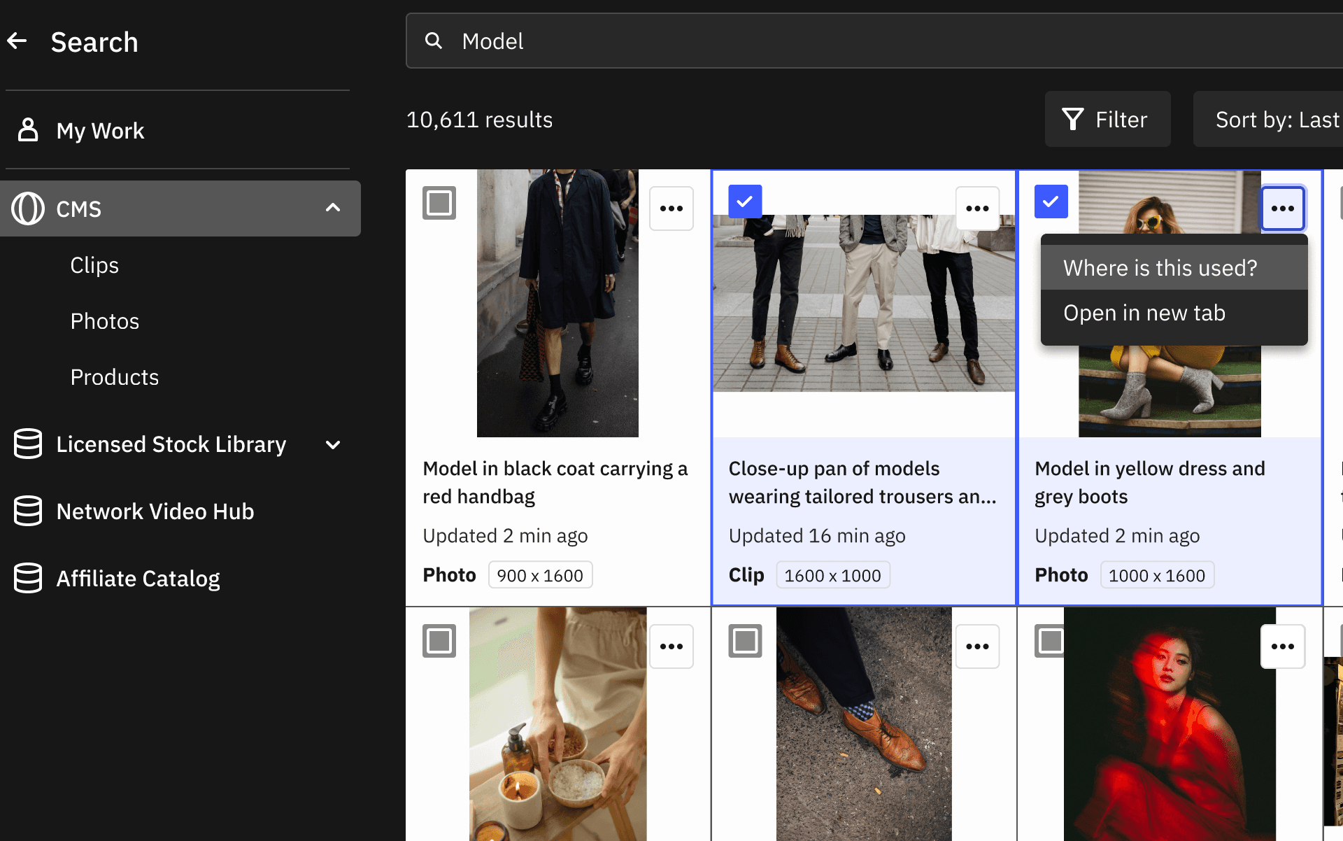 Asset selector searching for “Model”, with a sidebar of My Work and source libraries, a grid of selectable photos and clips, and a menu offering “Where is this used?” and “Open in new tab”