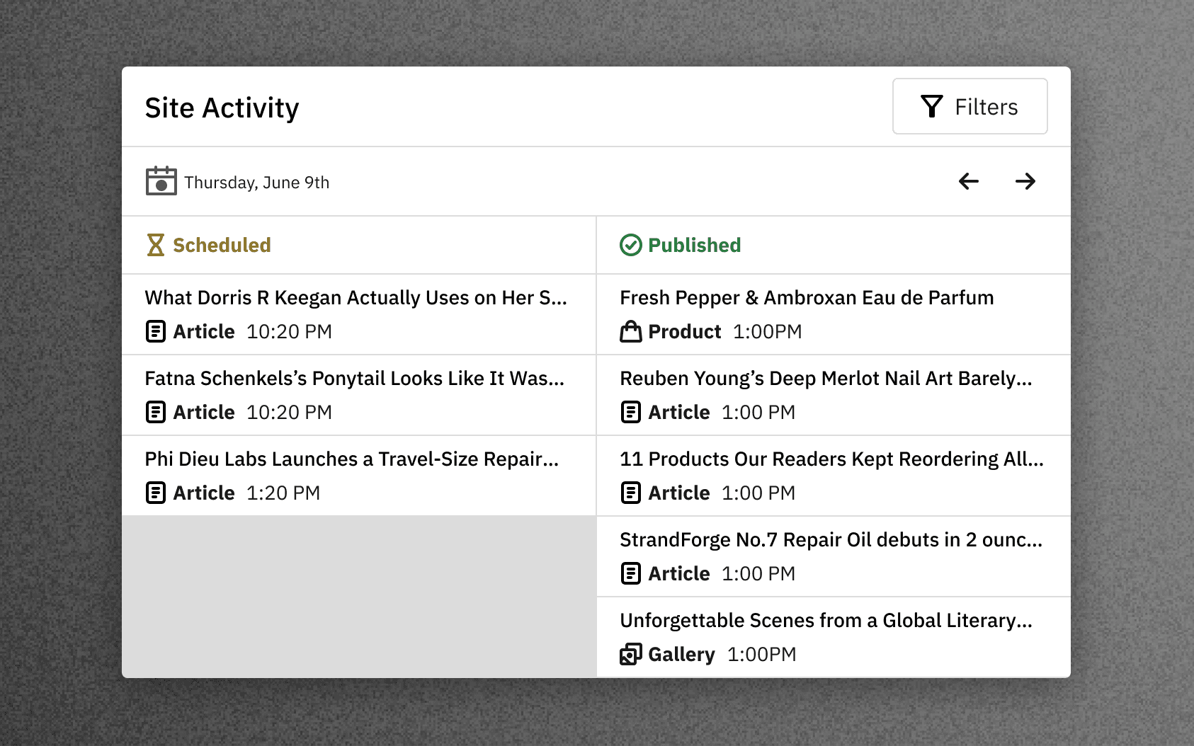 Concept A: a Site Activity module for one day, splitting stories into Scheduled and Published columns