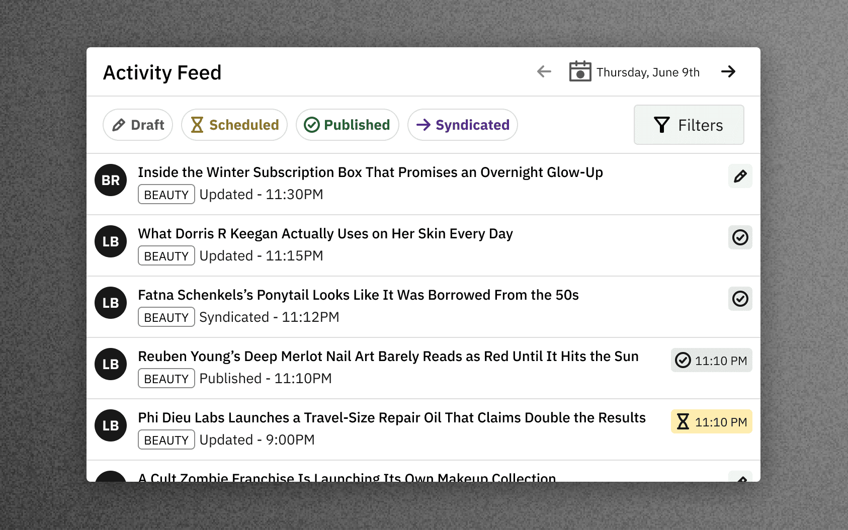Concept B: an Activity Feed module with Draft, Scheduled, Published and Syndicated filter chips above a list of recent stories with contributor initials