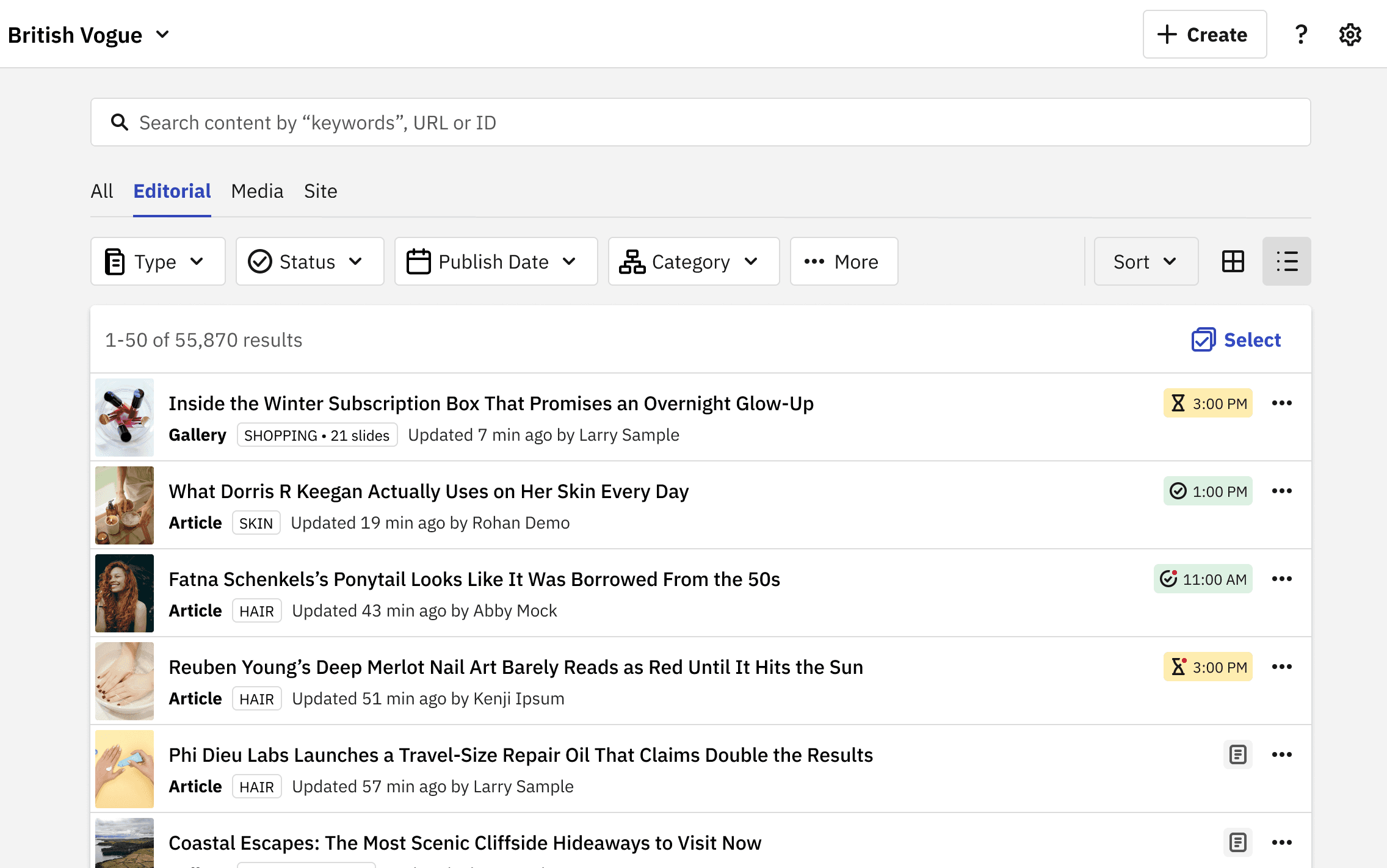 Revised CMS index with the Editorial tab open: search bar, Type, Status, Publish Date and Category filters, a Sort menu, and a list of stories with thumbnails and publishing status