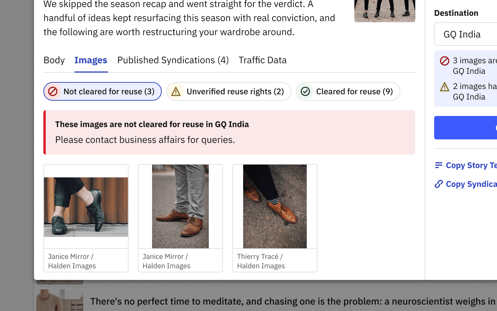 Images tab with status chips for Not cleared for reuse (3), Unverified reuse rights (2) and Cleared for reuse (9), showing the not-cleared images as thumbnails with photo credits