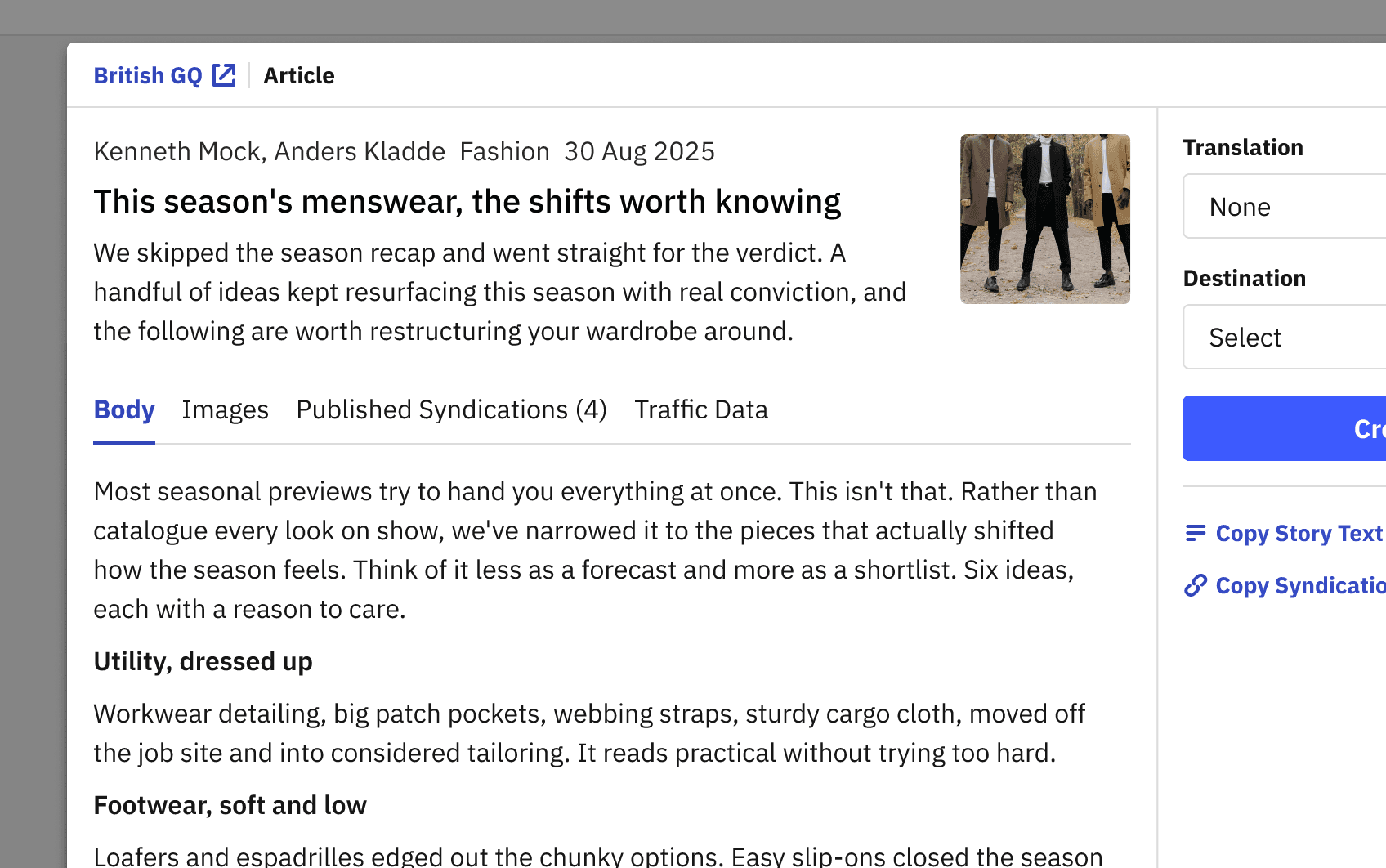 Story preview with tabs for Body, Images, Published Syndications and Traffic Data, below a story header showing the title, description, authors and thumbnail